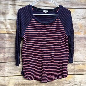 Splendid Womens Navy Blue Pink Striped Raglan 3/4 Sleeve Top Medium Made in USA